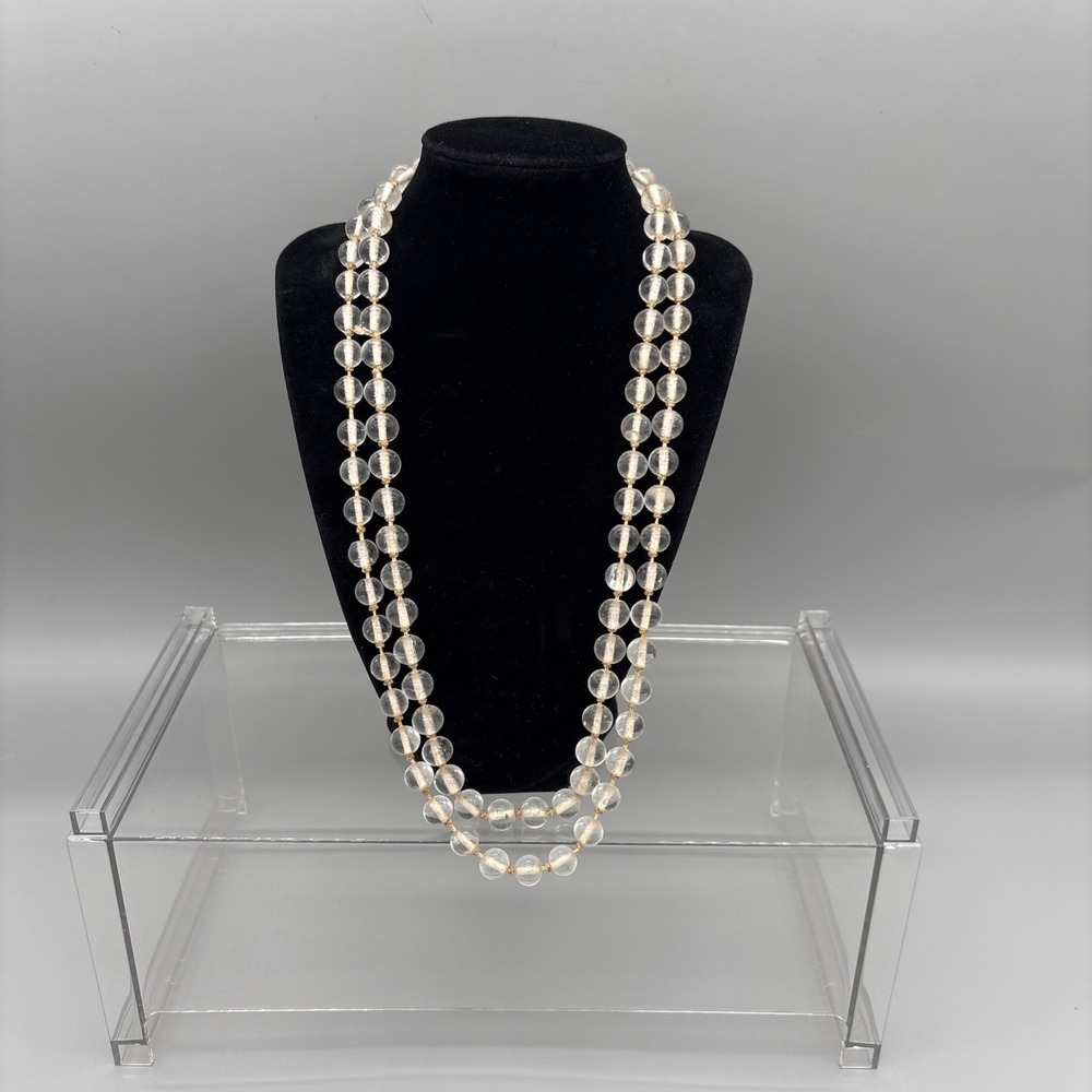 Vintage Artisan Glass Beads Round 49" Necklace Clear Art Deco Transparent Smooth